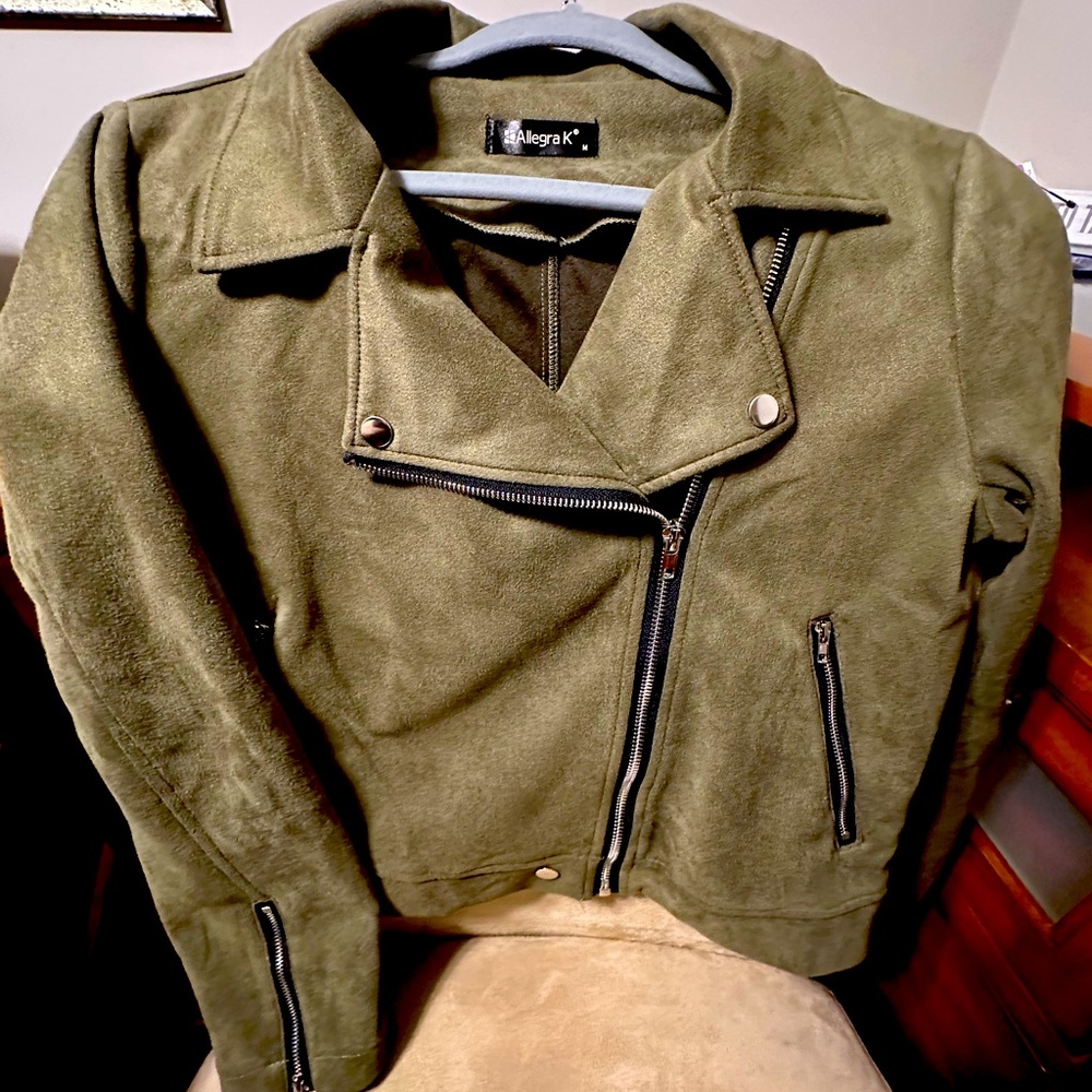 Allegra K Casual Short Soft Zip Up Faux‎ Suede Biker Moto Jacket - Olive Green